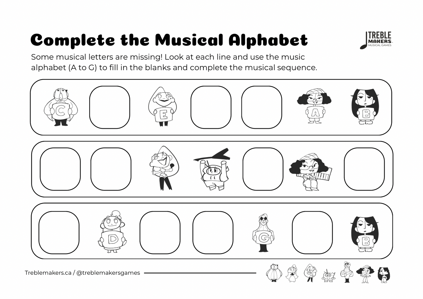 Complete the Musical Alphabet – Note Sequence Activity Sheets - Set 6