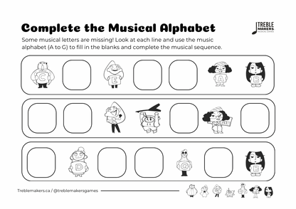 Complete the Musical Alphabet – Note Sequence Activity Sheets - Set 6