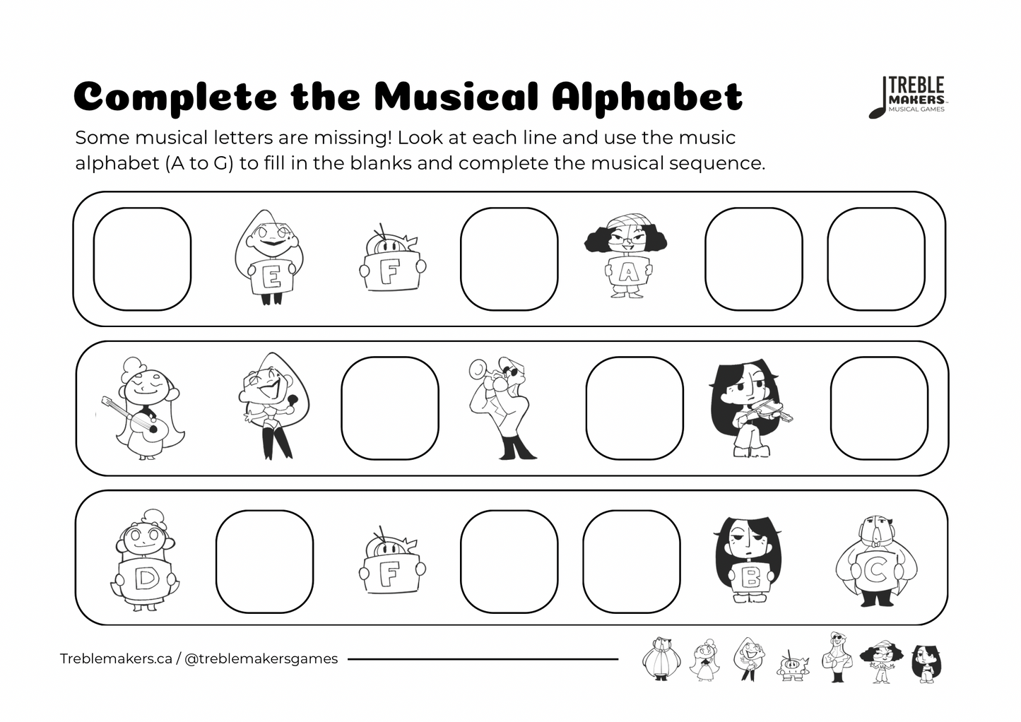 Complete the Musical Alphabet – Note Sequence Activity Sheets - Set 6