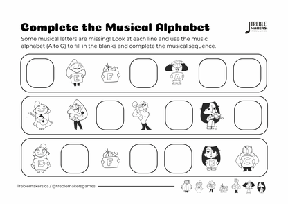 Complete the Musical Alphabet – Note Sequence Activity Sheets - Set 6