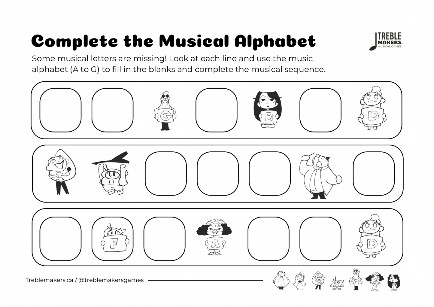 Complete the Musical Alphabet – Note Sequence Activity Sheets - Set 6