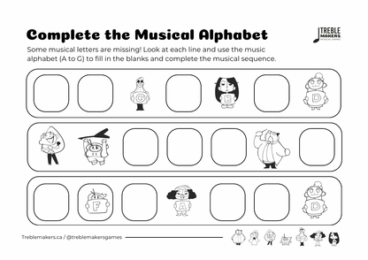 Complete the Musical Alphabet – Note Sequence Activity Sheets - Set 6
