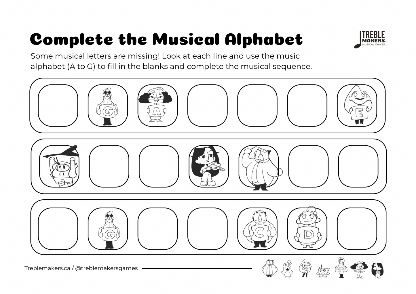 Complete the Musical Alphabet – Note Sequence Activity Sheets - Set 6