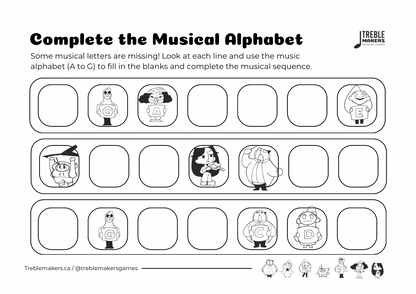 Complete the Musical Alphabet – Note Sequence Activity Sheets - Set 6
