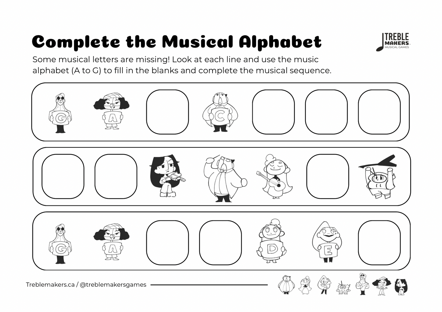 Complete the Musical Alphabet – Note Sequence Activity Sheets - Set 6