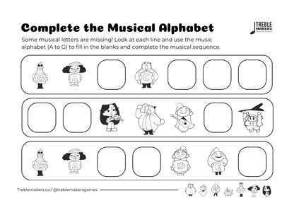 Complete the Musical Alphabet – Note Sequence Activity Sheets - Set 6