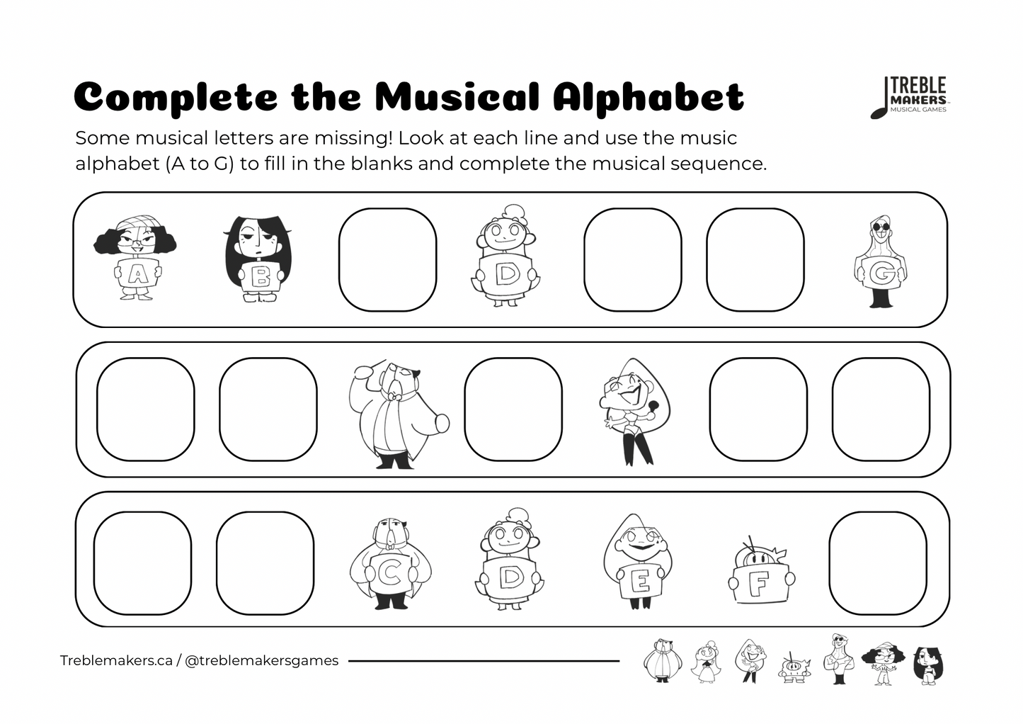 Complete the Musical Alphabet – Note Sequence Activity Sheets - Set 6