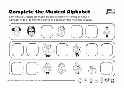 Complete the Musical Alphabet – Note Sequence Activity Sheets - Set 6