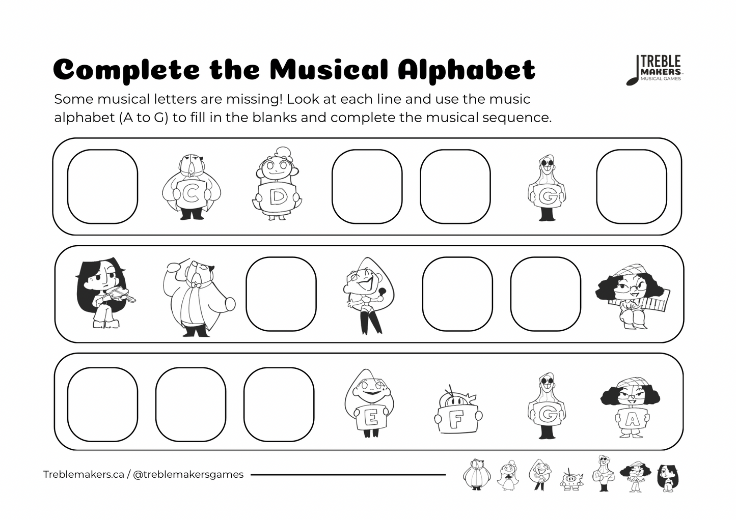 Complete the Musical Alphabet – Note Sequence Activity Sheets - Set 6