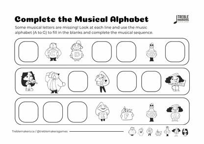 Complete the Musical Alphabet – Note Sequence Activity Sheets - Set 6
