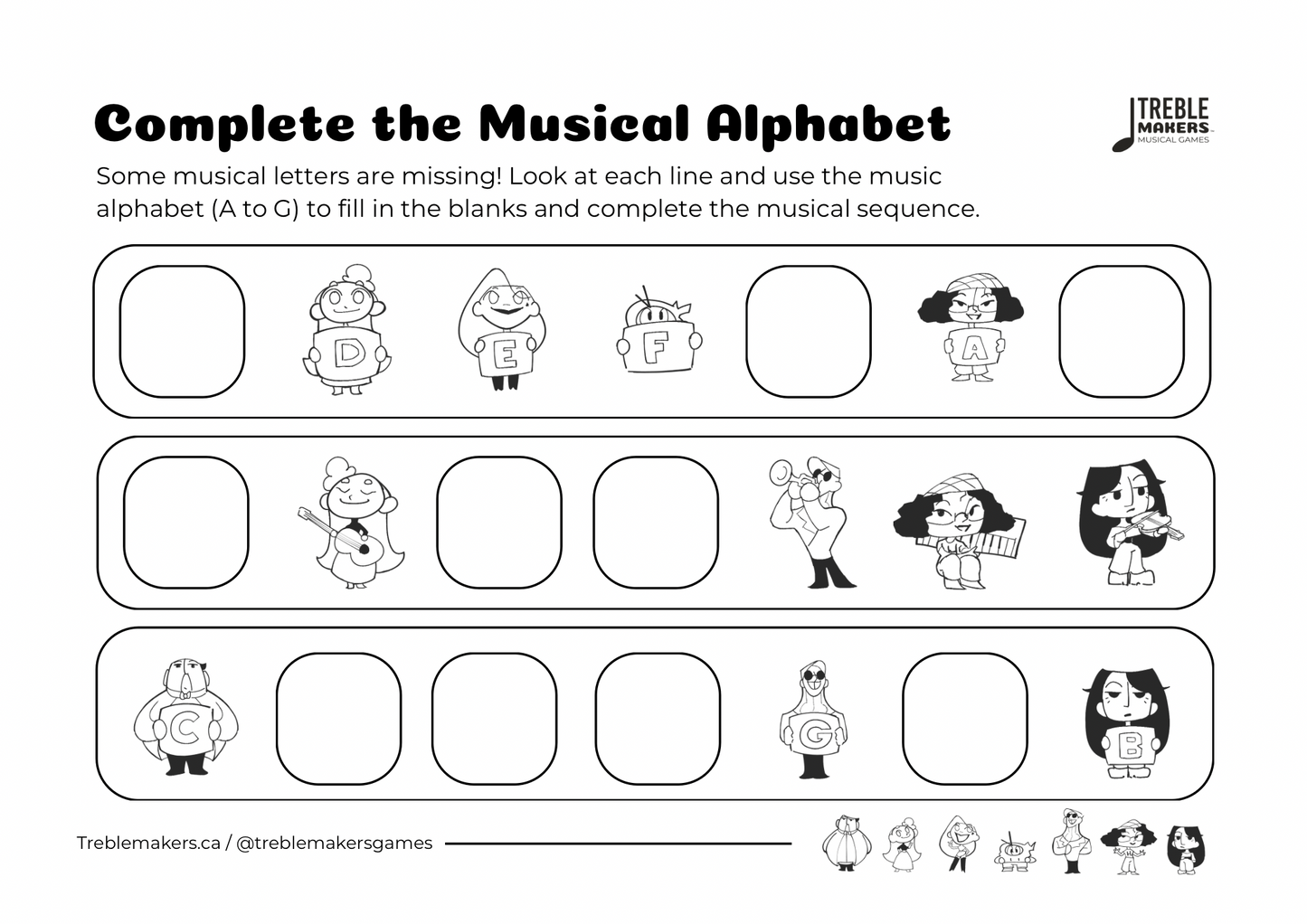 Complete the Musical Alphabet – Note Sequence Activity Sheets - Set 7