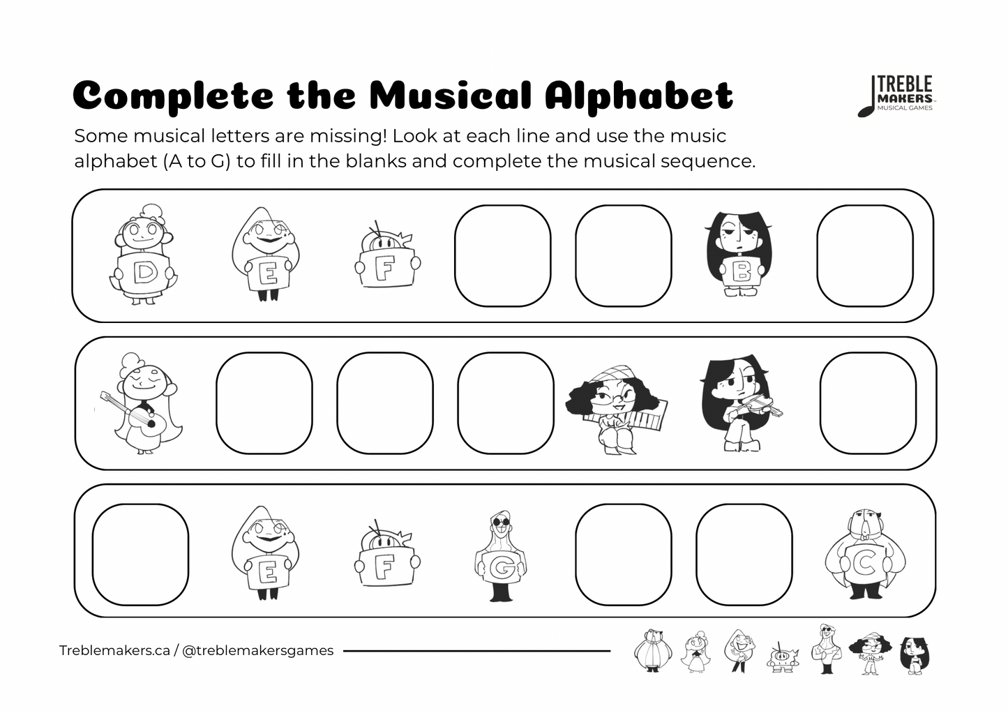 Complete the Musical Alphabet – Note Sequence Activity Sheets - Set 7