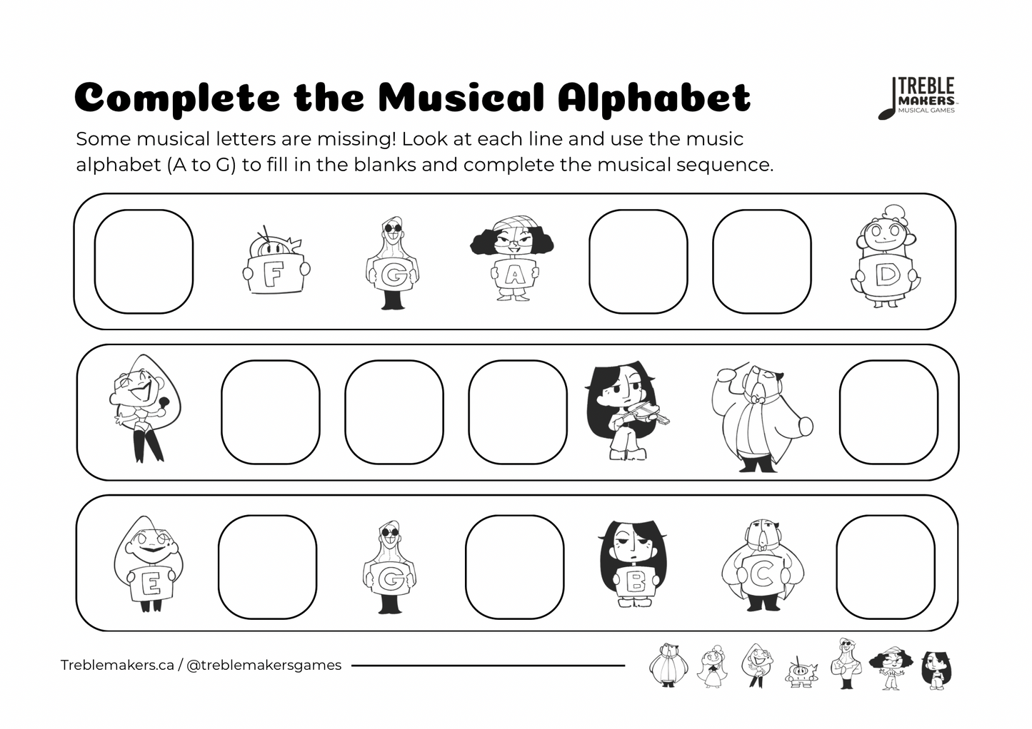 Complete the Musical Alphabet – Note Sequence Activity Sheets - Set 7
