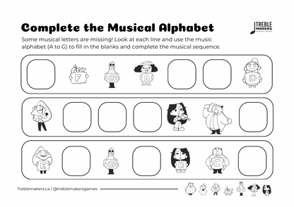 Complete the Musical Alphabet – Note Sequence Activity Sheets - Set 7