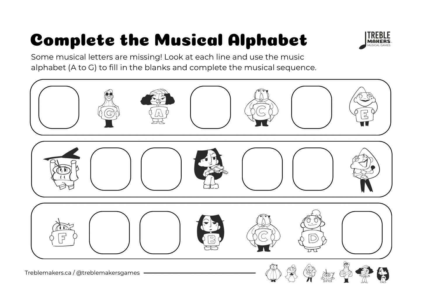 Complete the Musical Alphabet – Note Sequence Activity Sheets - Set 7
