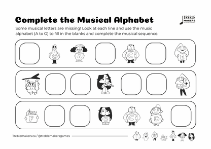 Complete the Musical Alphabet – Note Sequence Activity Sheets - Set 7