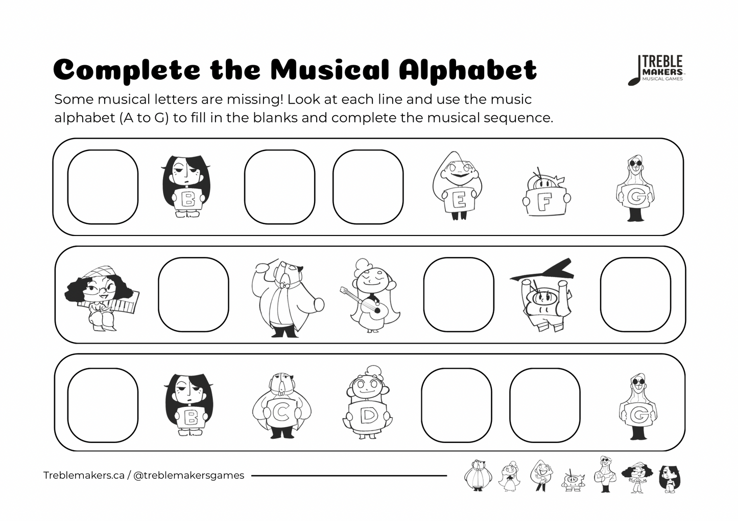 Complete the Musical Alphabet – Note Sequence Activity Sheets - Set 7