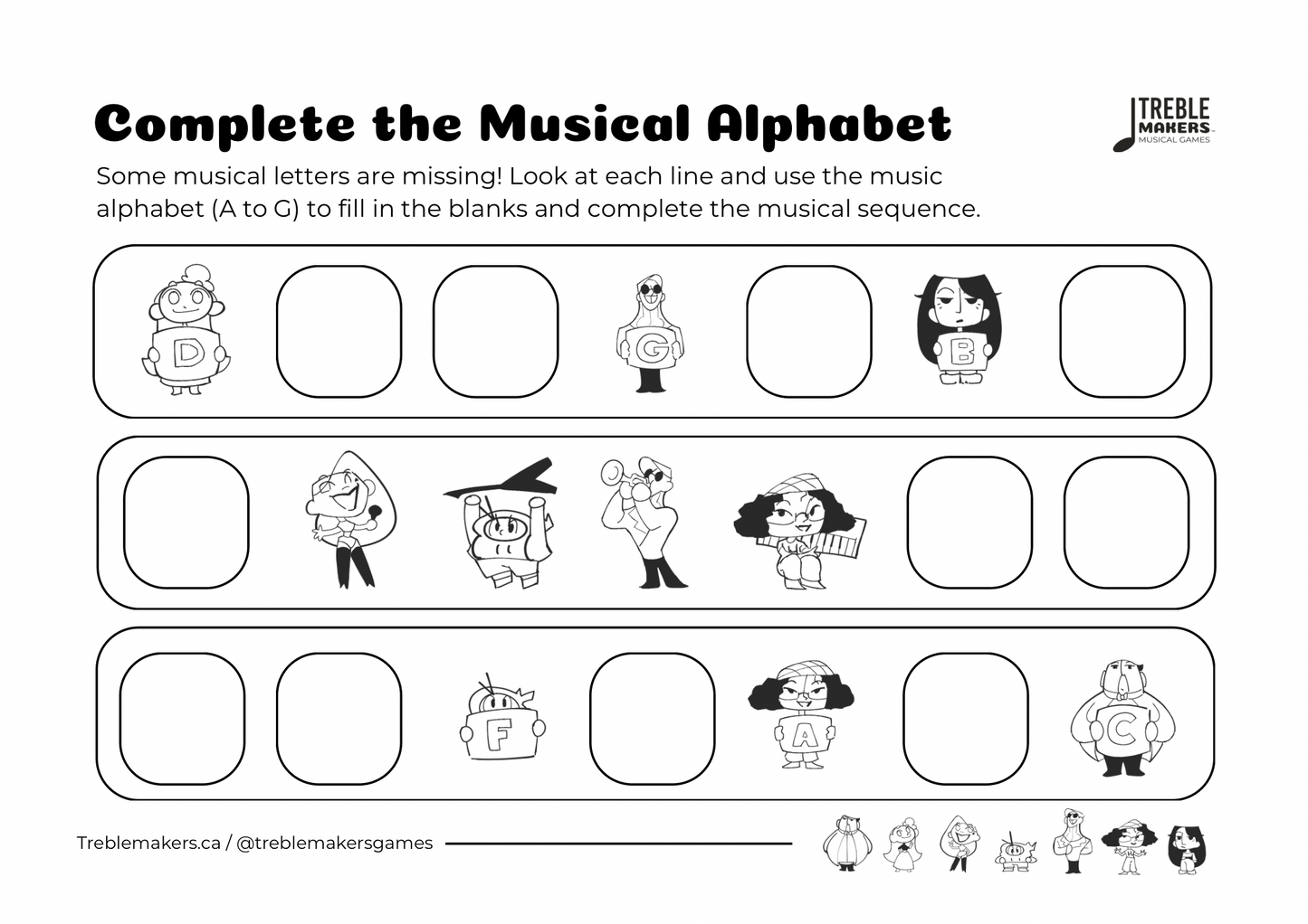 Complete the Musical Alphabet – Note Sequence Activity Sheets - Set 8