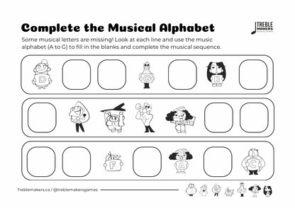 Complete the Musical Alphabet – Note Sequence Activity Sheets - Set 8