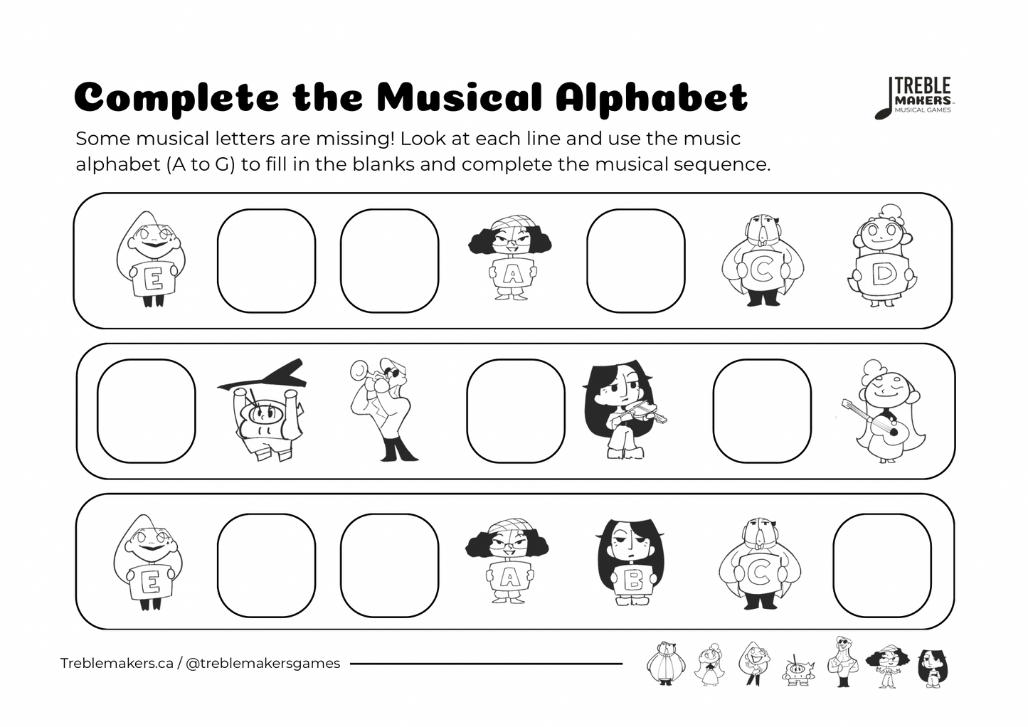 Complete the Musical Alphabet – Note Sequence Activity Sheets - Set 8