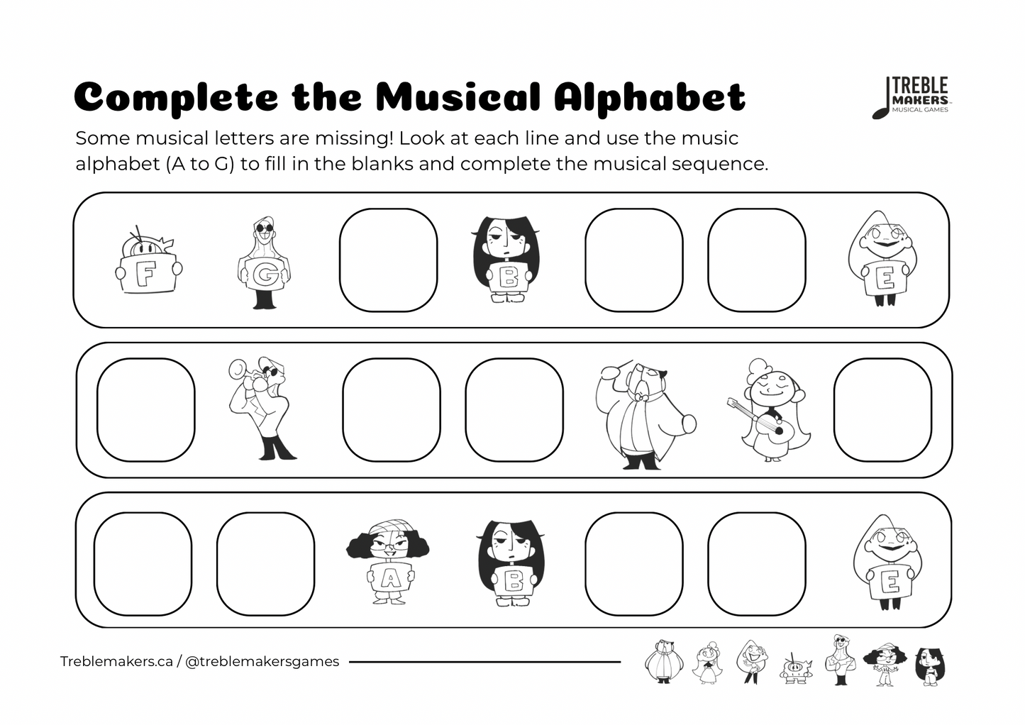 Complete the Musical Alphabet – Note Sequence Activity Sheets - Set 8