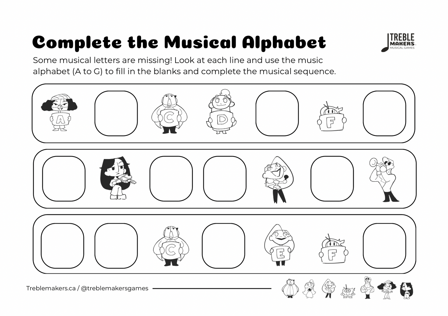 Complete the Musical Alphabet – Note Sequence Activity Sheets - Set 8