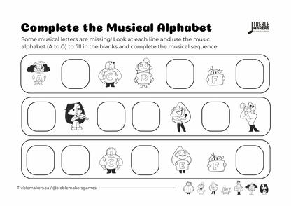 Complete the Musical Alphabet – Note Sequence Activity Sheets - Set 8