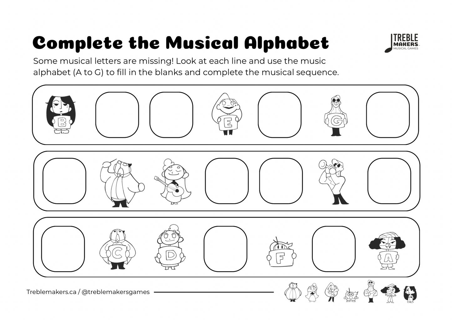 Complete the Musical Alphabet – Note Sequence Activity Sheets - Set 8