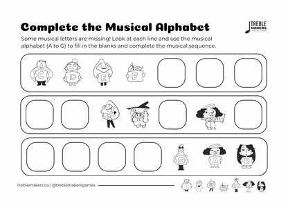 Complete the Musical Alphabet – Note Sequence Activity Sheets - Set 9