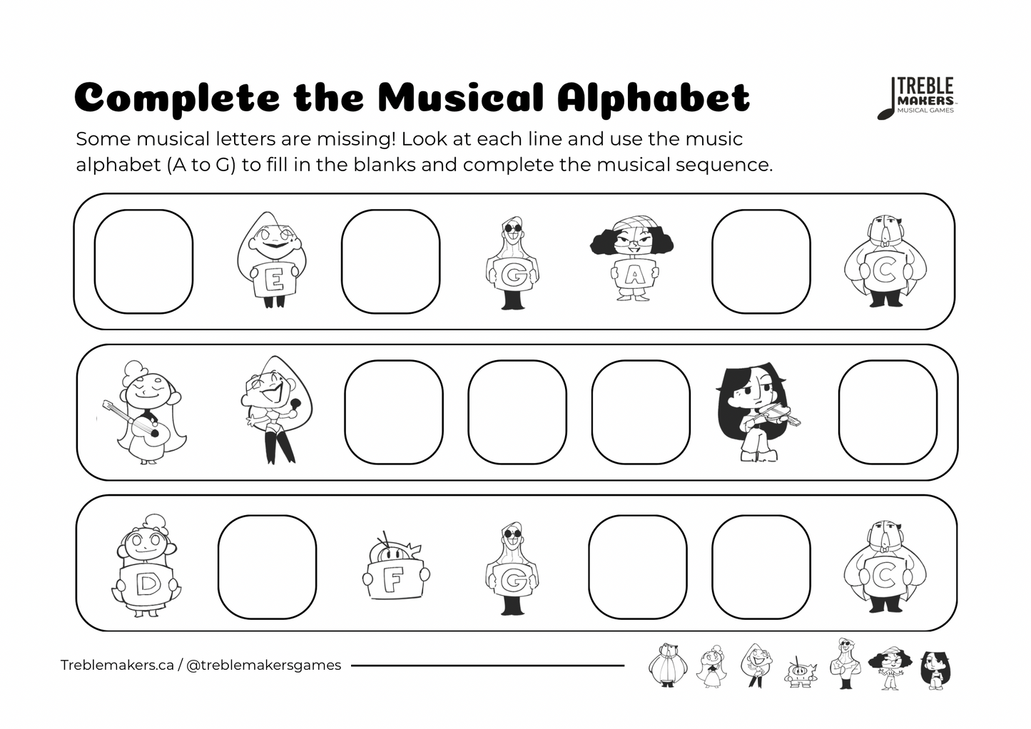 Complete the Musical Alphabet – Note Sequence Activity Sheets - Set 9