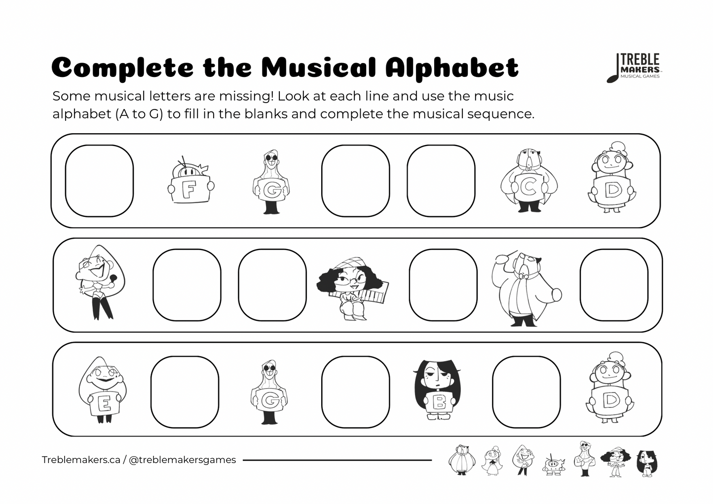 Complete the Musical Alphabet – Note Sequence Activity Sheets - Set 9