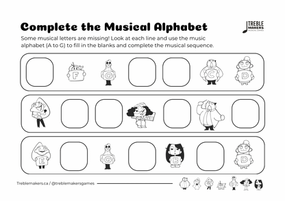Complete the Musical Alphabet – Note Sequence Activity Sheets - Set 9