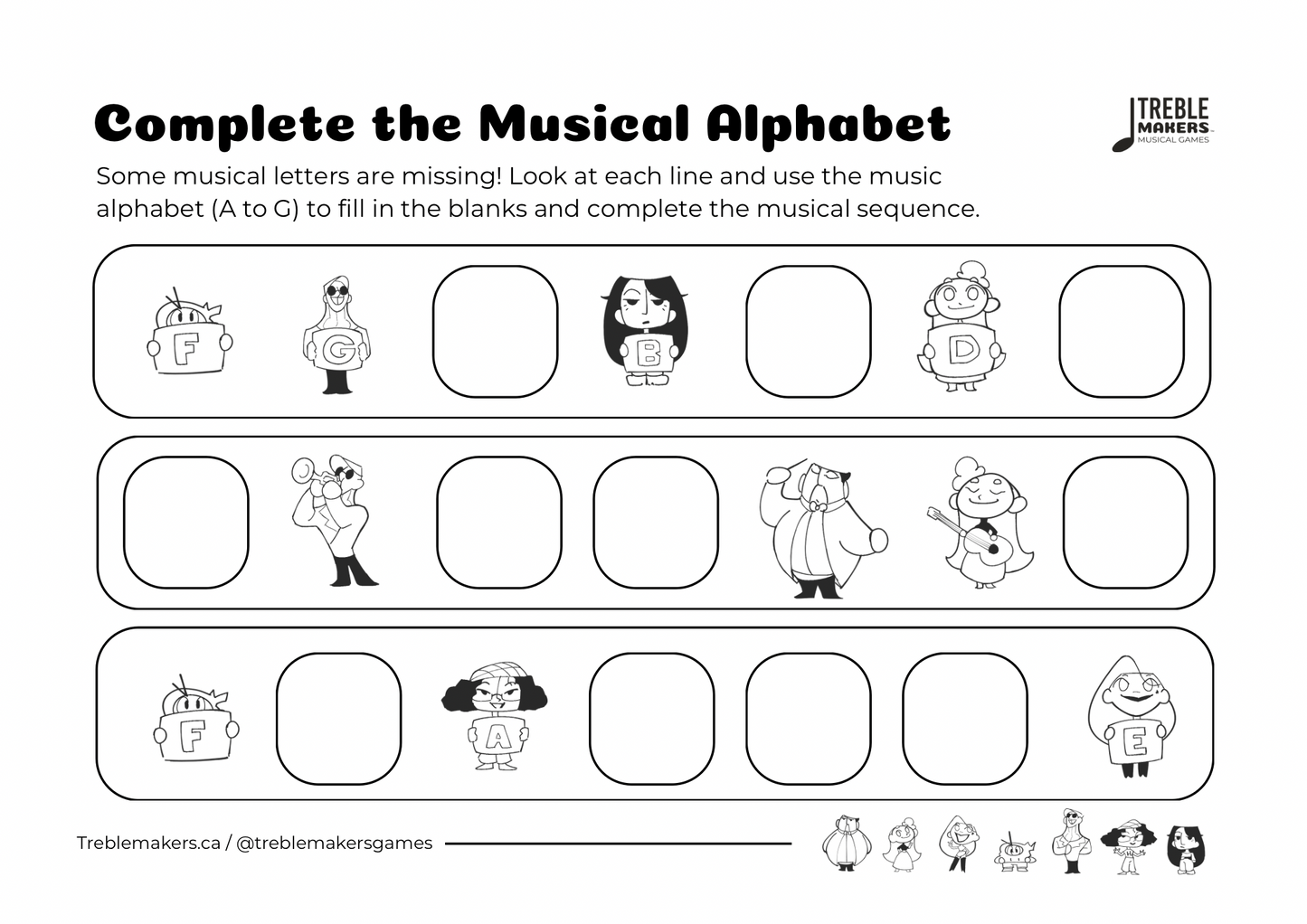 Complete the Musical Alphabet – Note Sequence Activity Sheets - Set 9
