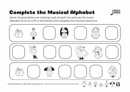 Complete the Musical Alphabet – Note Sequence Activity Sheets - Set 9
