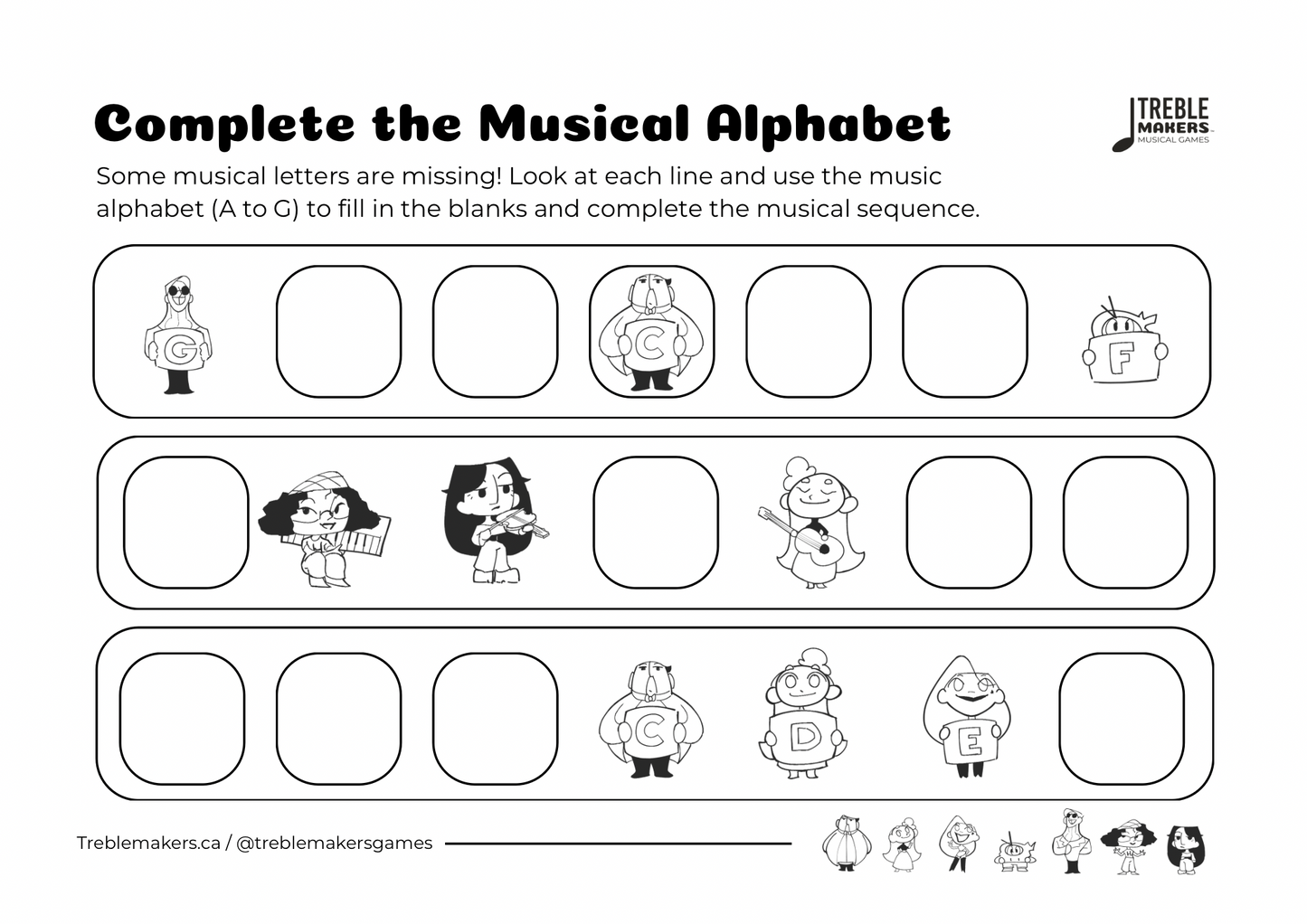 Complete the Musical Alphabet – Note Sequence Activity Sheets - Set 9