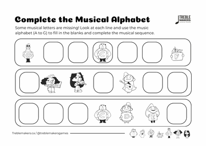 Complete the Musical Alphabet – Note Sequence Activity Sheets - Set 9