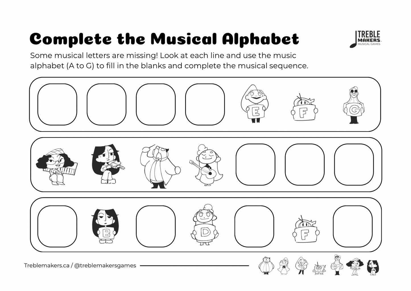 Complete the Musical Alphabet – Note Sequence Activity Sheets - Set 9