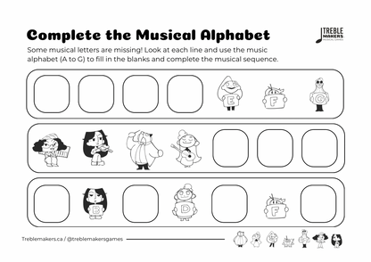 Complete the Musical Alphabet – Note Sequence Activity Sheets - Set 9