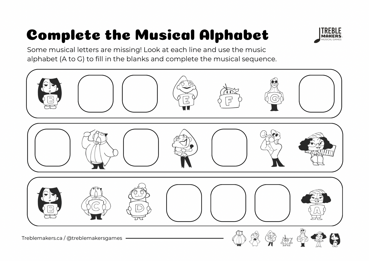 Complete the Musical Alphabet – Note Sequence Activity Sheets - Set 10