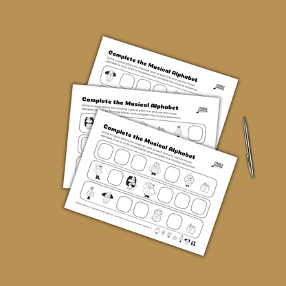 Complete the Musical Alphabet – Note Sequence Activity Sheets - Set 5